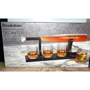 Brookstone 7-Piece Whiskey Decanter & Glass Set With Caddy BASEBALL